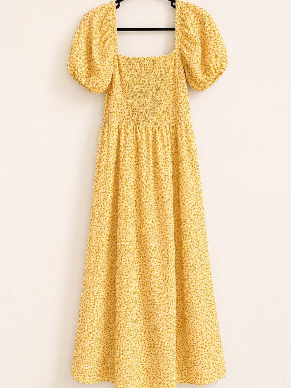 Yellow Floral Puff-Sleeve Smocked Dress